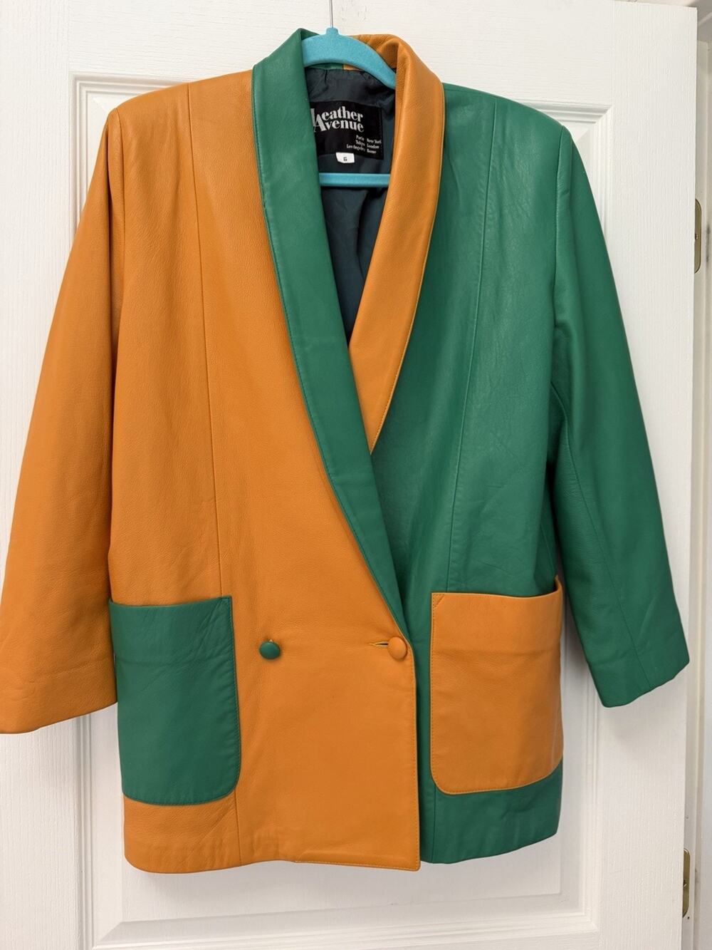 Vintage Leather Avenue Blazer Sz 6 Green Orange Colorblock 80s Statement Jacket